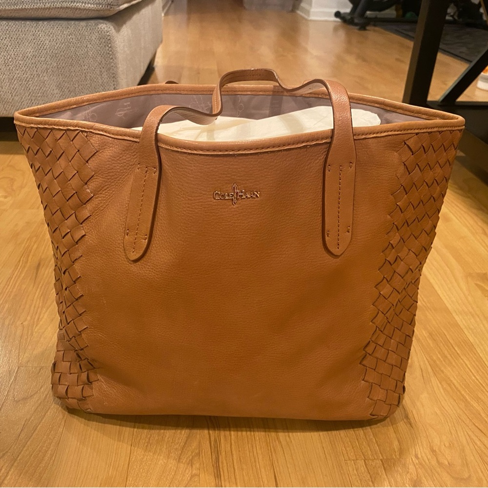 Cole Haan Victoria Woven Leather Tote Bag in Cognac